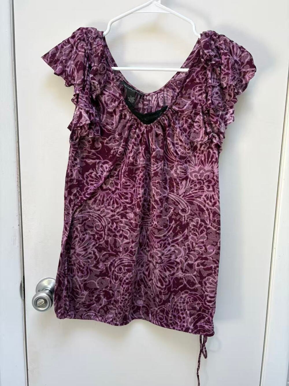 INC International Concepts Y2K Purple Paisley Floral Blouse Ruffle Cap Sleeve L